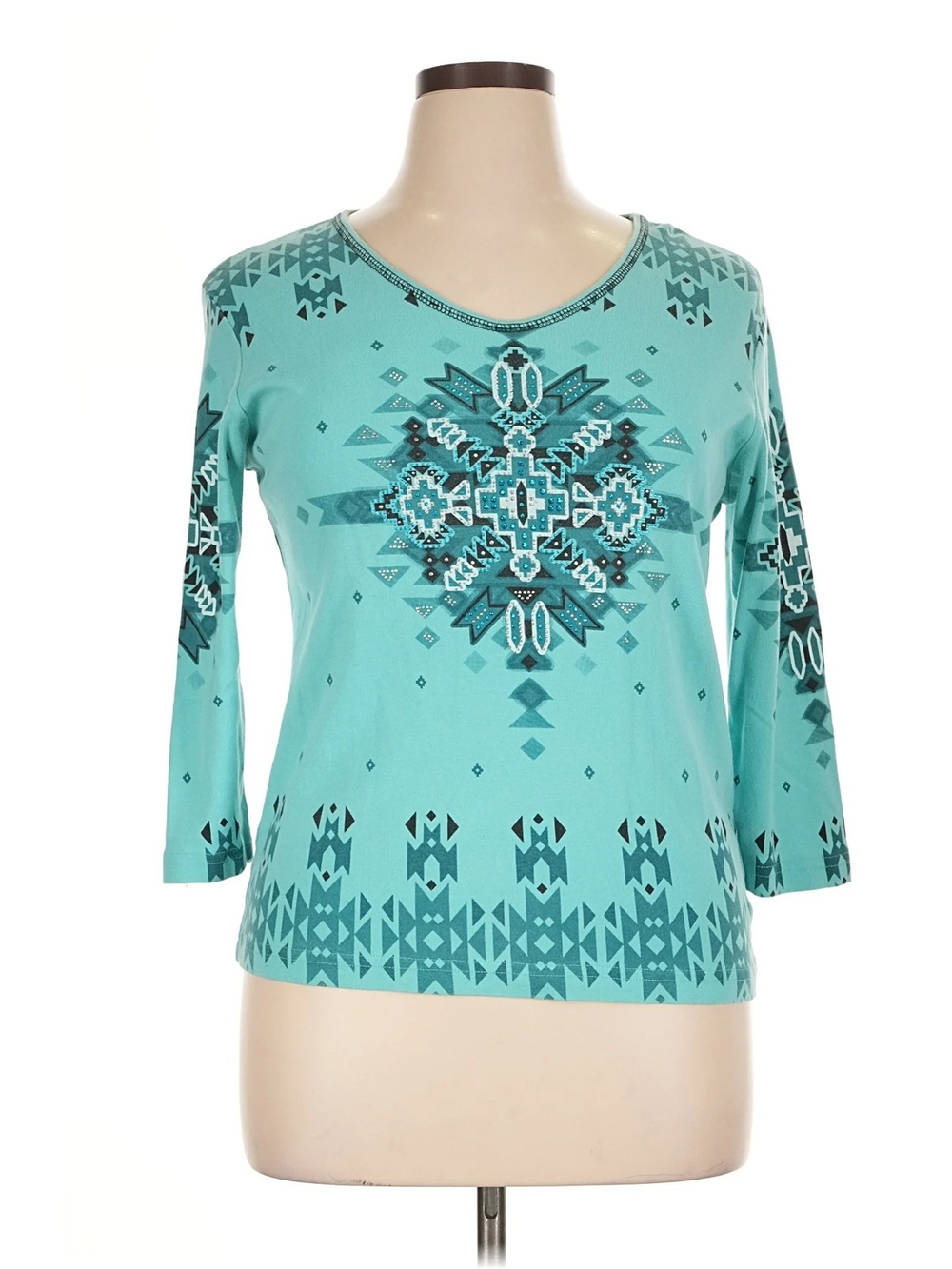 Cactus Bay - Women's Teal Aztec-Print Long Sleeve Scoop Neck Top